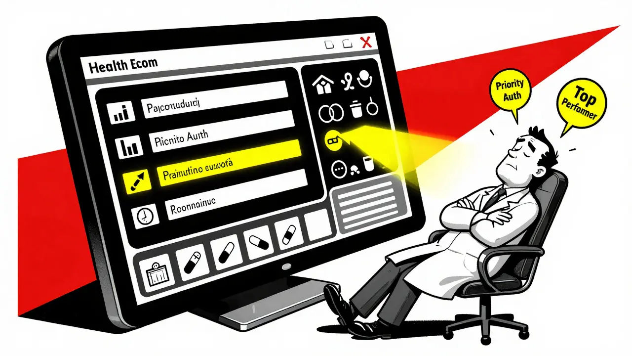 EHR screen pushing brand drugs aside as doctor receives digital rewards floating around them.