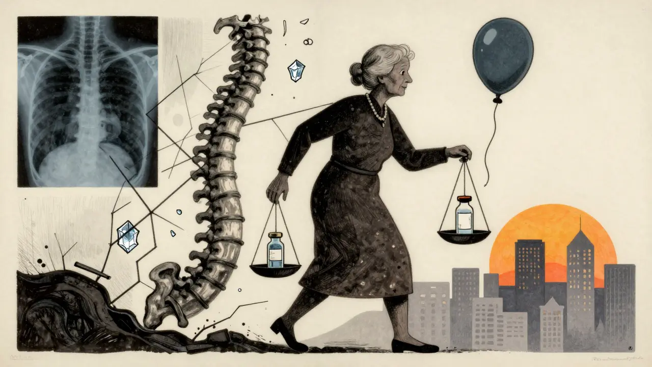 Elderly woman holding a scale comparing two spinal treatments, with a transforming spine and floating calcium crystals behind her.