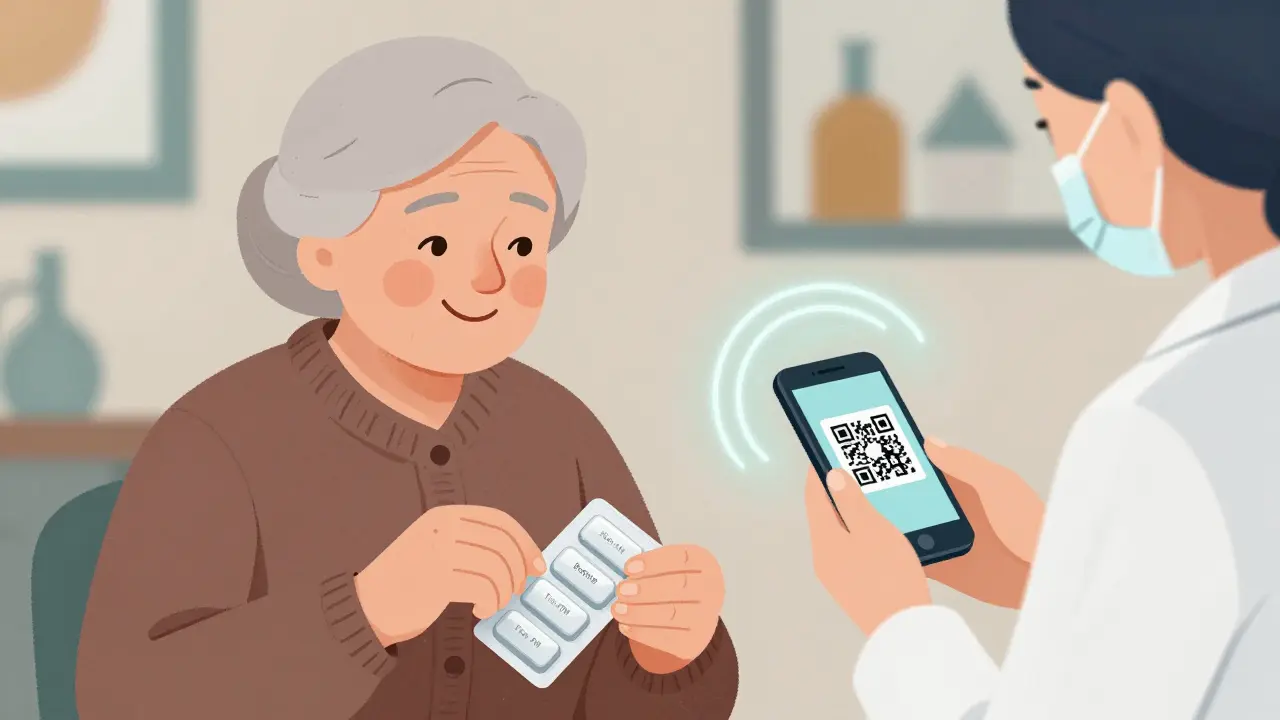 Elderly woman opening a labeled blister pack while scanning a QR code that emits a soft glowing wave.
