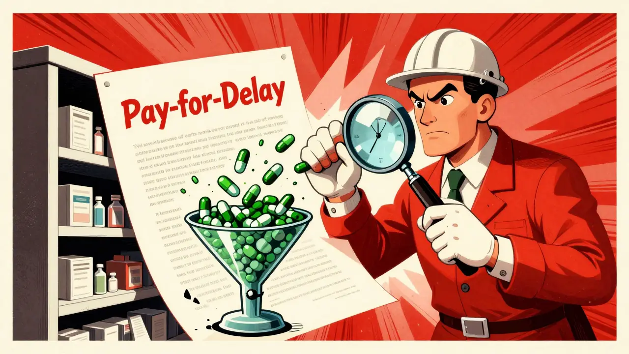 FDA architect breaking a pay-for-delay contract as generic pills flow into a pharmacy.
