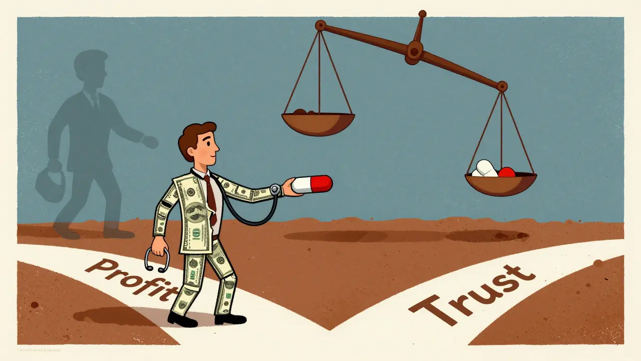 Human figure torn between profit-driven brand drug and trust-based generic option at a crossroads.