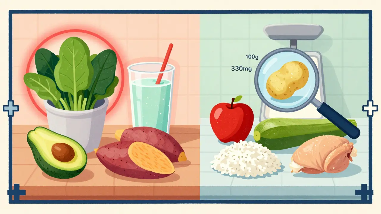 Kitchen counter split between dangerous high-potassium foods and safe low-potassium alternatives, with a scale showing potato potassium content.