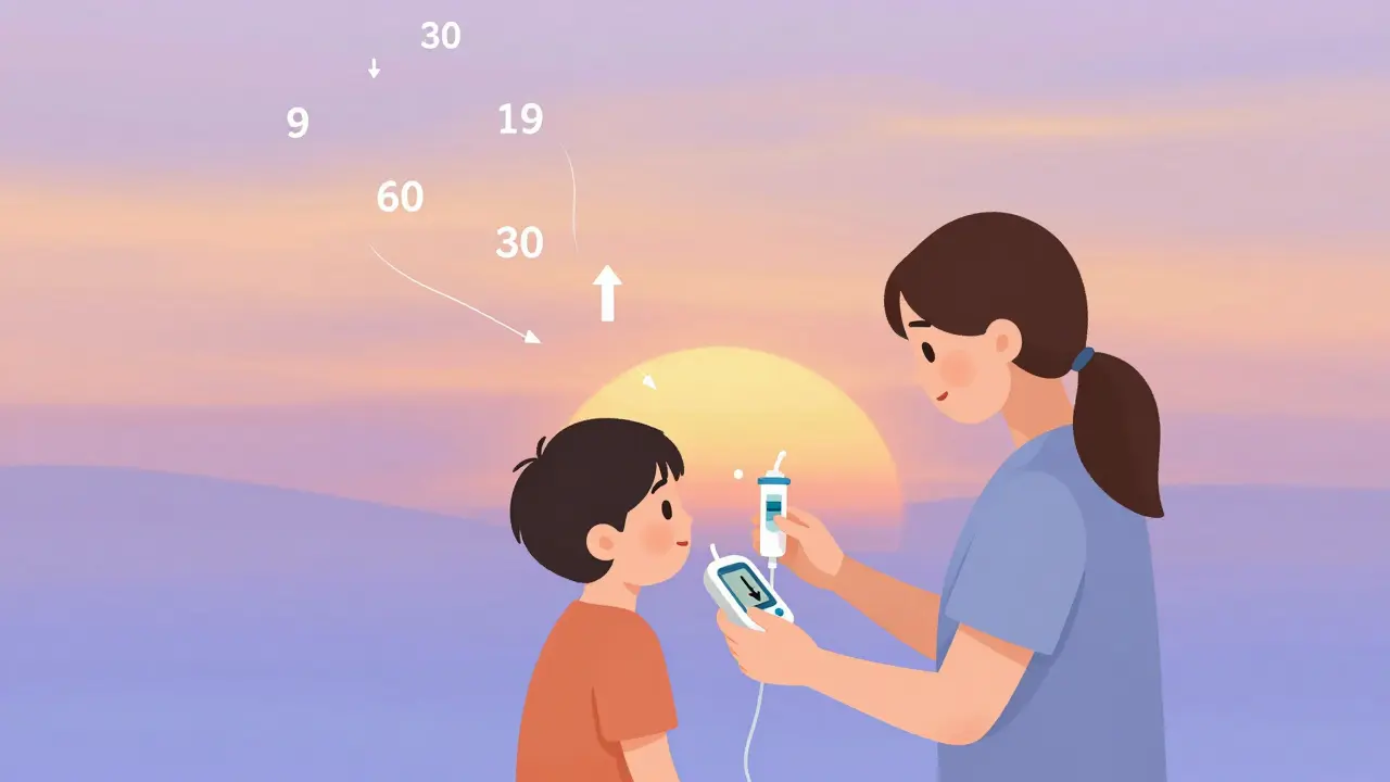 Parent adjusting child's insulin pump at night, CGM shows falling arrow, dreamy sunrise of glucose arrows above.
