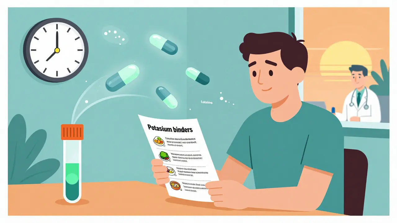 Patient protected by food chart as potassium binders remove excess potassium, with medical timing and blood test symbols in background.
