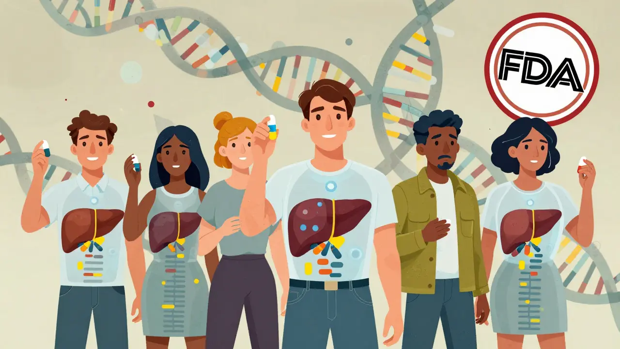 People with transparent bodies showing genetic drug processing differences, against a DNA helix backdrop, in symbolic Polish illustration style.