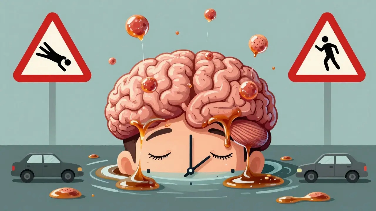 Person's head submerged in molasses with sinking brain cells, representing opioid drowsiness.