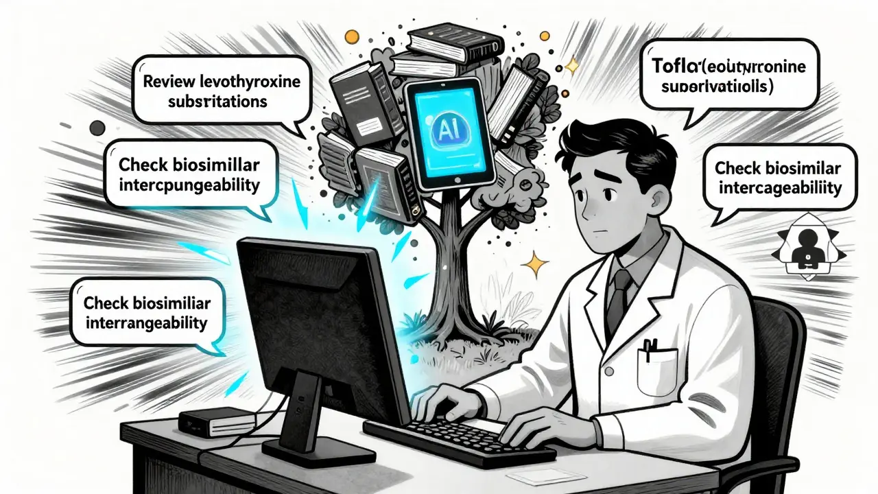 Pharmacist interacting with AI learning prompts, surrounded by a tree transforming books into digital tablets.