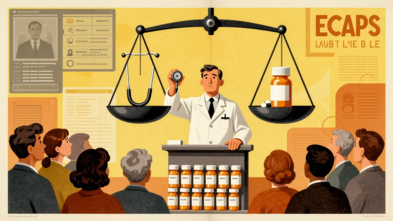 Pharmacist speaking to crowd with scale balancing medical tools and pill bottles, abstract bill symbols above