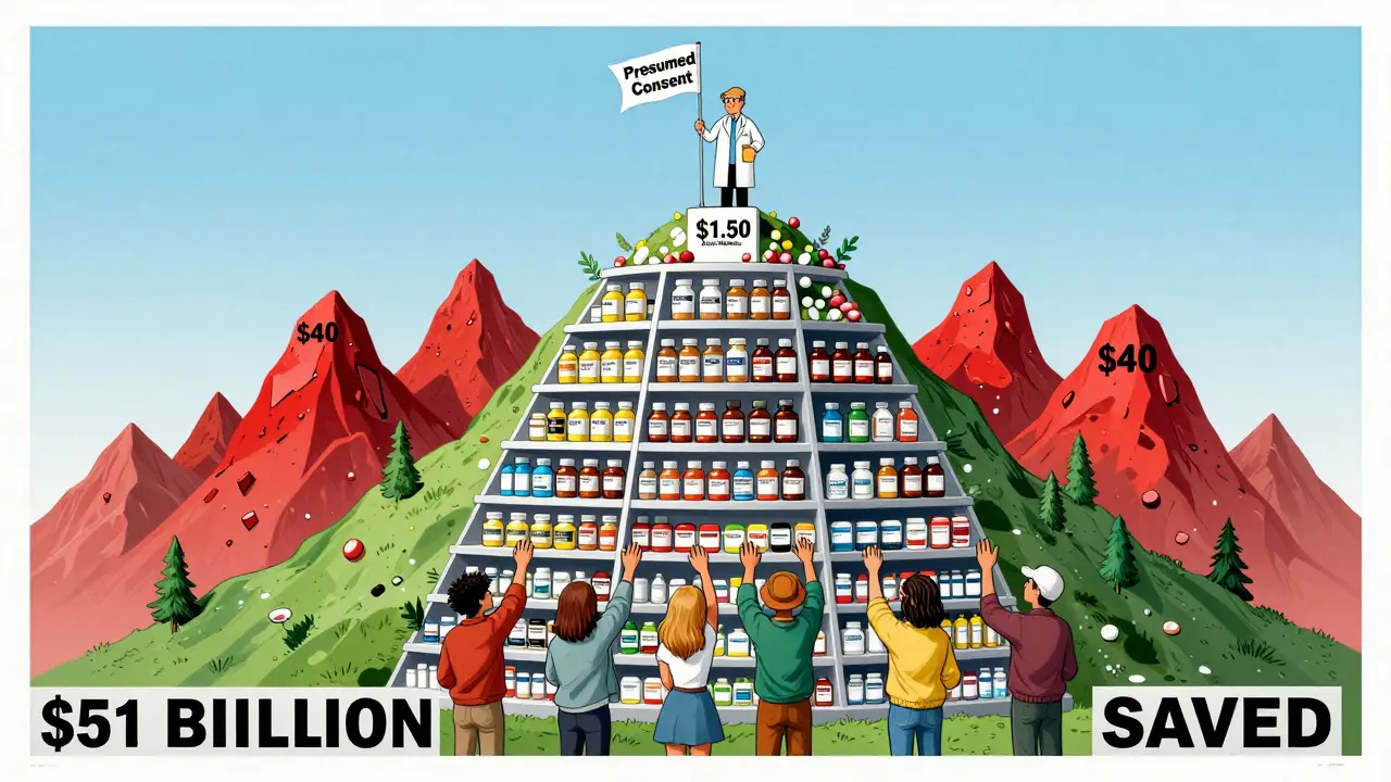 Pharmacy shelf mountain shows affordable generics at base, brand drugs crumbling on top