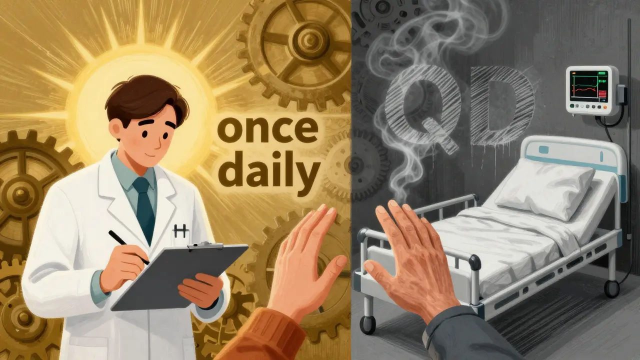 Split scene: clear 'once daily' label with sunrise vs. fading 'QD' dissolving into smoke beside a hospital bed.