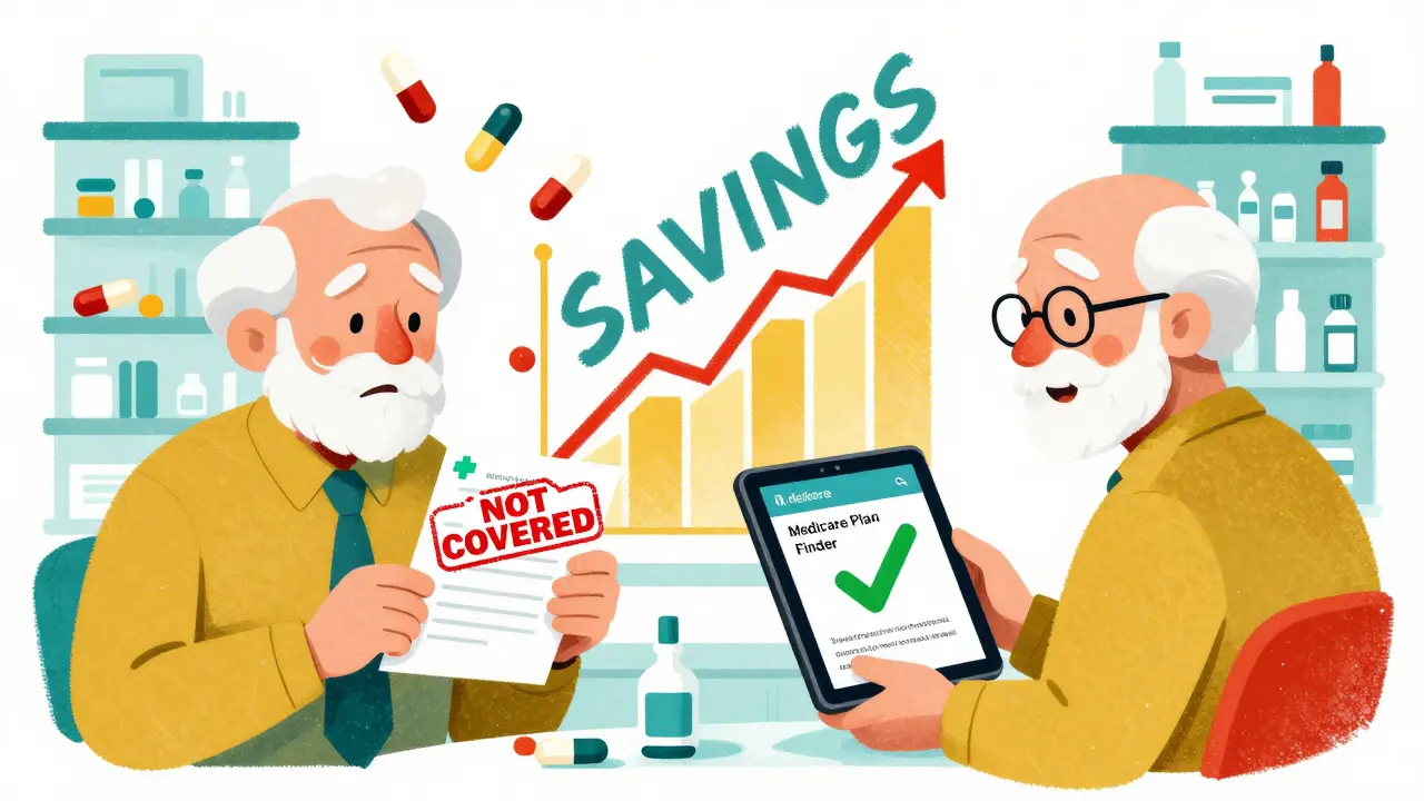 Split scene: confused patient with uncovered pills versus same person using Medicare Plan Finder with green checkmark.