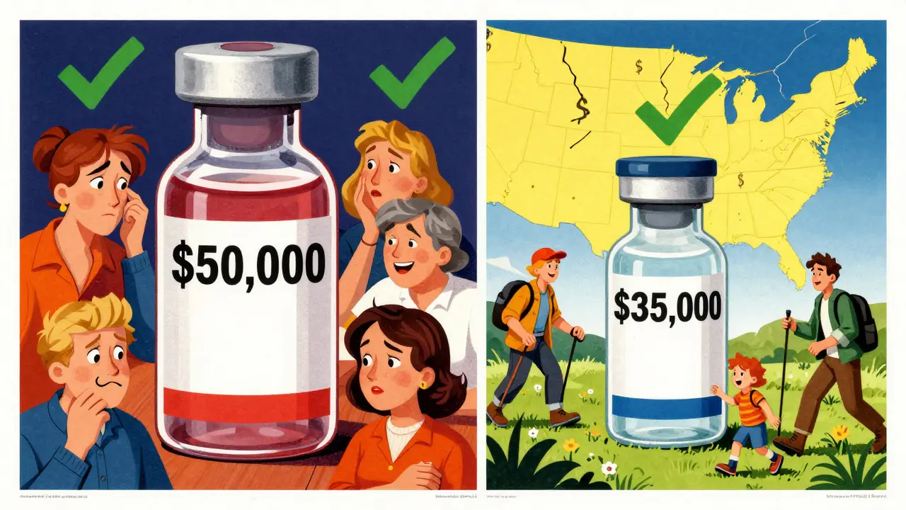 Split scene: expensive biologic with worried patients vs affordable biosimilar with happy, active patients