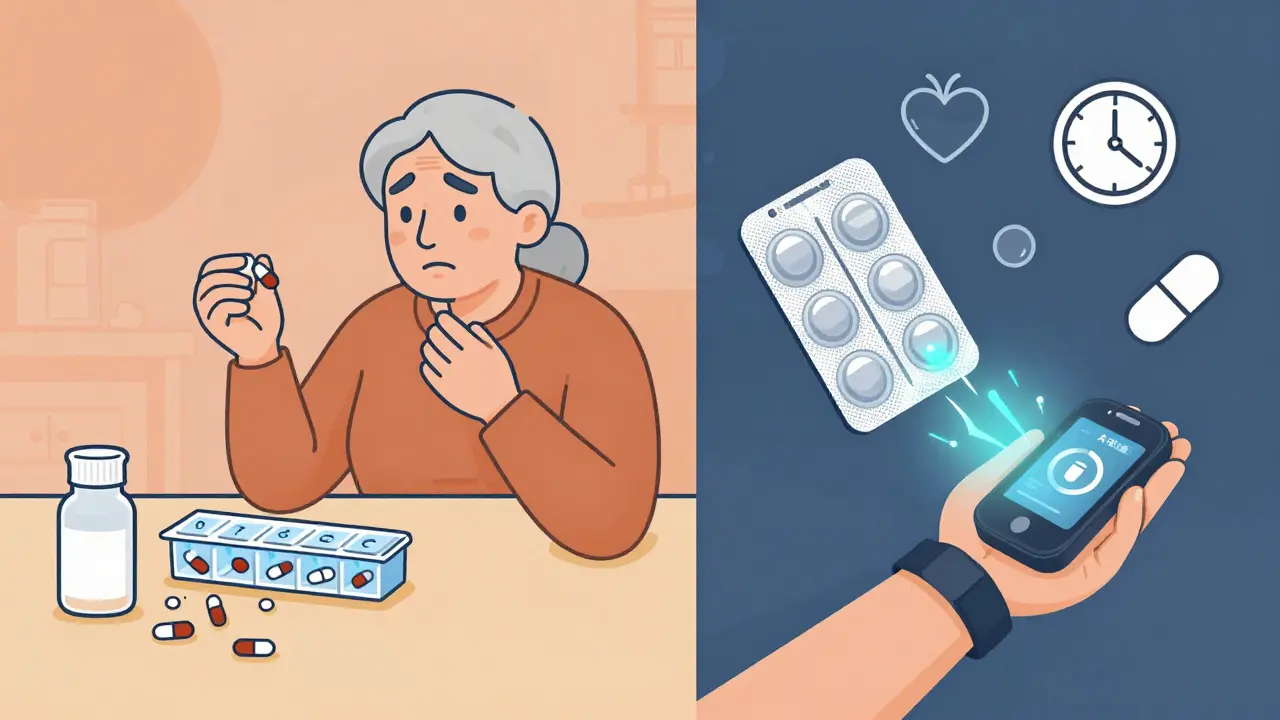 Split scene: messy pill organizer vs. smart blister pack with sensors sending a notification to a caregiver.
