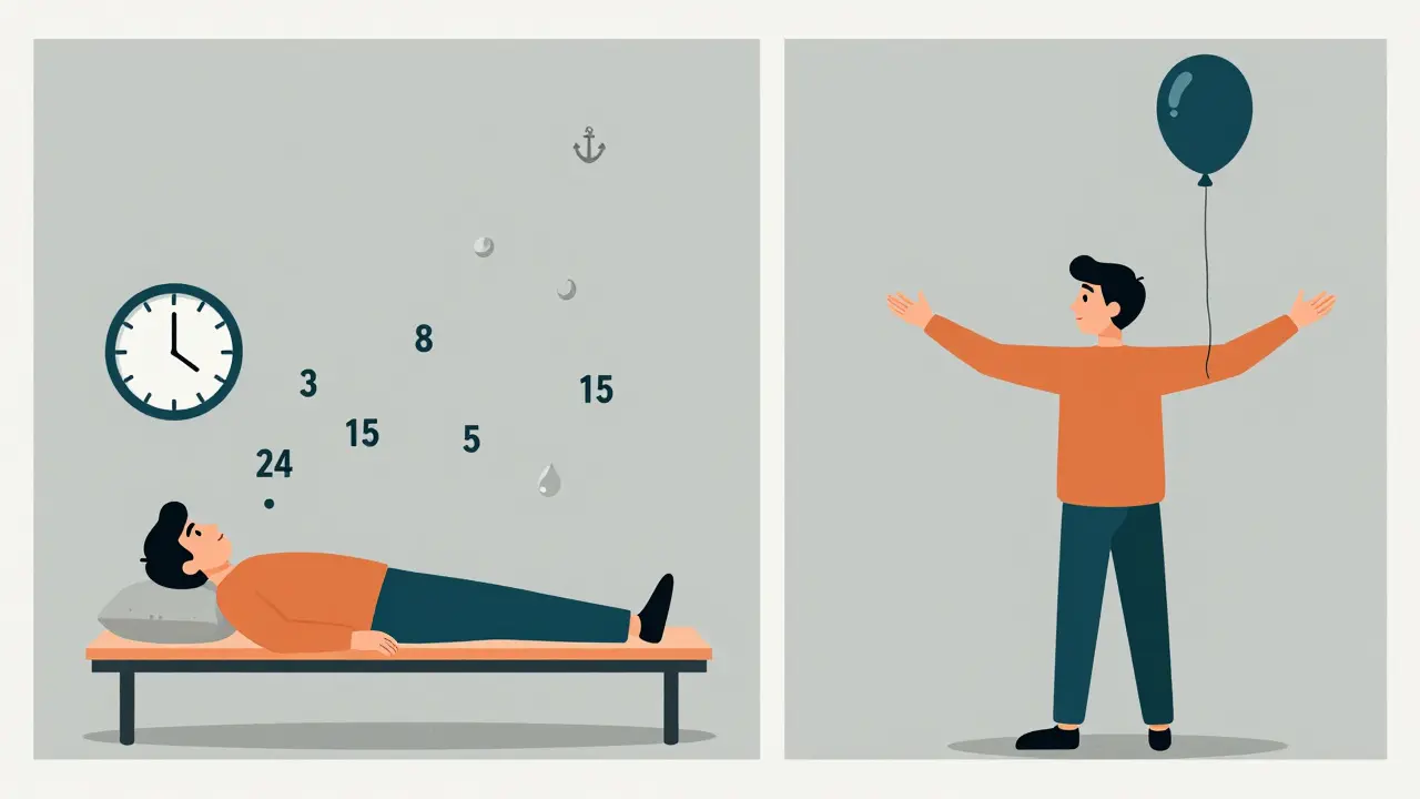 Split scene of a patient’s pain relief dropping from 8 to 1.5 and standing tall with a balloon rising from their back.