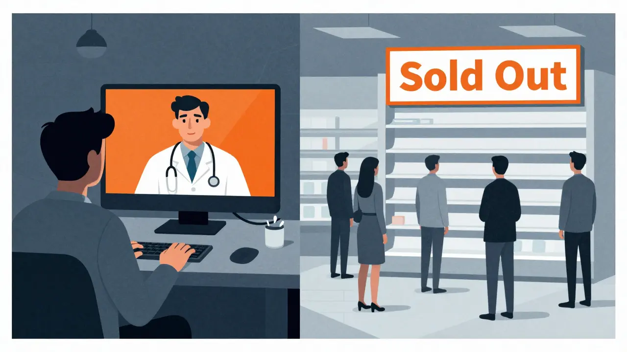 Split scene of telehealth call versus empty pharmacy, showing unequal access to care.