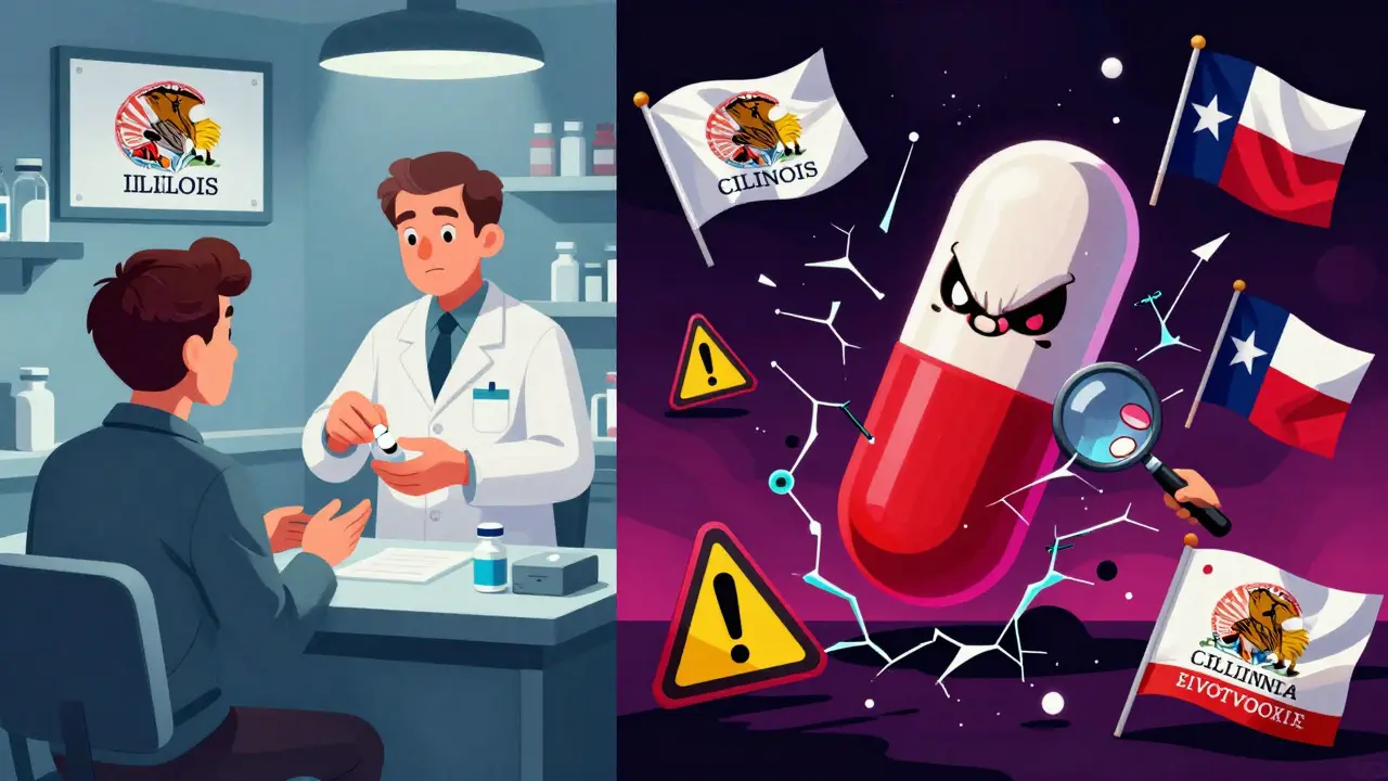 Split scene: patient safely receiving medication vs. dangerous pill with warning symbols and state laws floating around.