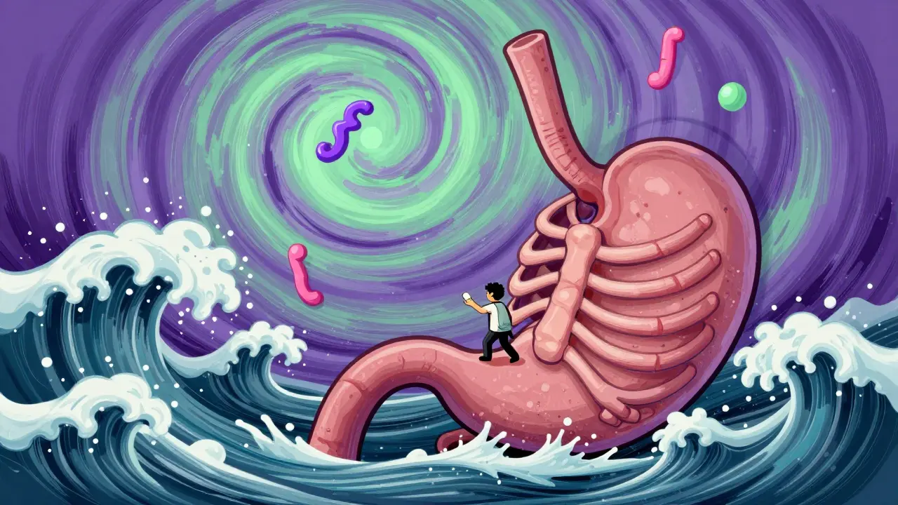 Stomach as a stormy sea with a figure holding a pill, illustrating opioid-induced nausea.