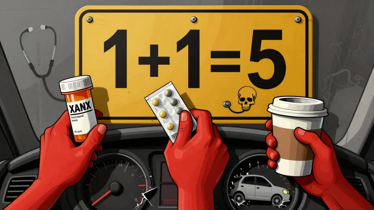 Three medication bottles cast shadows of crashing cars on a dashboard, symbolizing dangerous drug combinations.