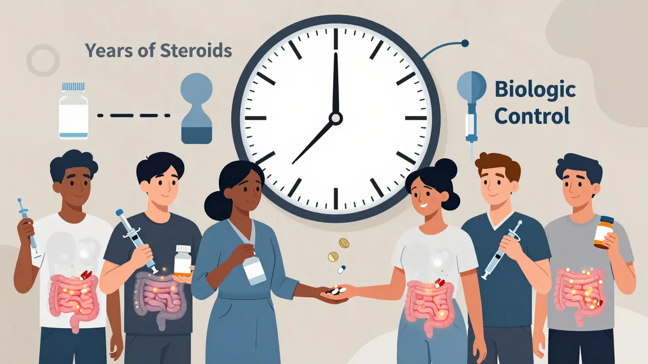 Transparent figures revealing healing guts, holding biologic medications, with a transforming clock symbolizing treatment progress.