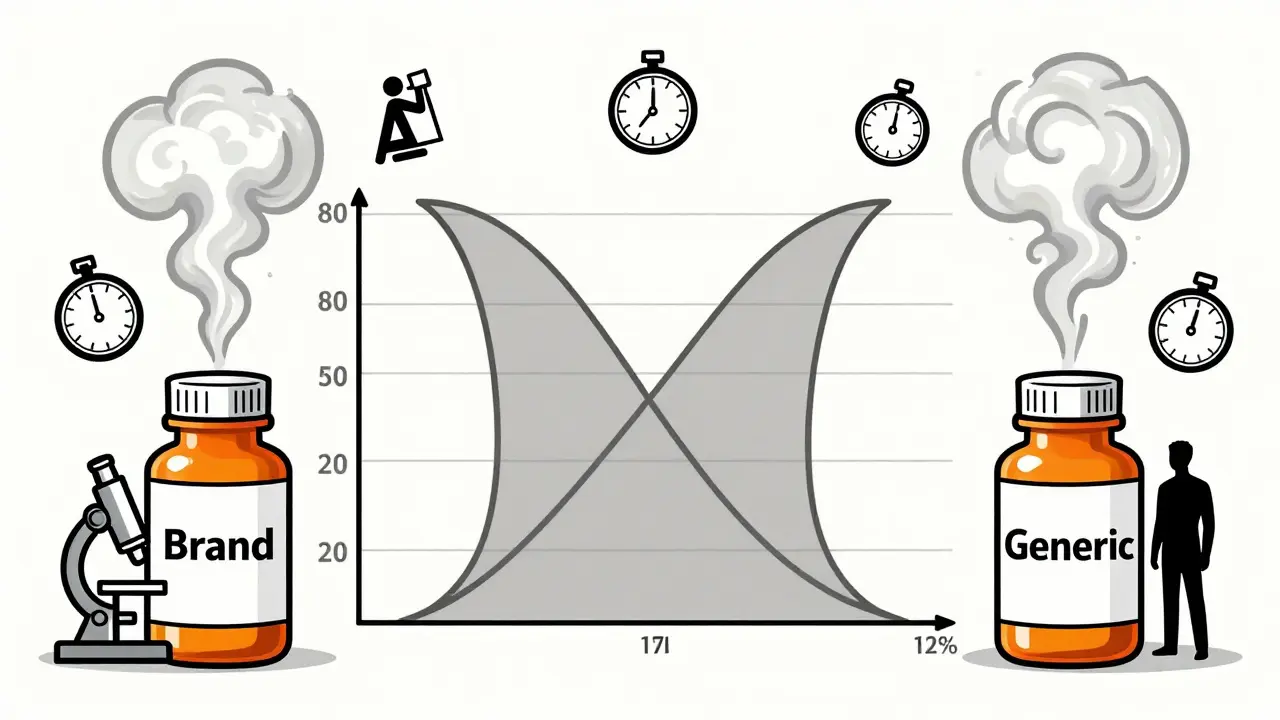 Two pill bottles releasing smoke trails forming overlapping bell curves within a confidence band.