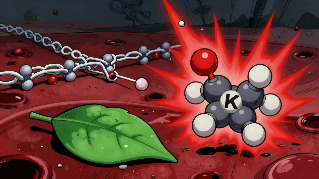 Warfarin molecule battling vitamin K leaf in bloodstream, with protein chains binding and releasing, rendered in dramatic poster art style.