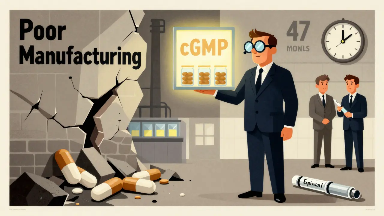 A crumbling bad factory contrasts with a clean, inspected generic drug facility under a glowing cGMP sign, in stylized poster style.