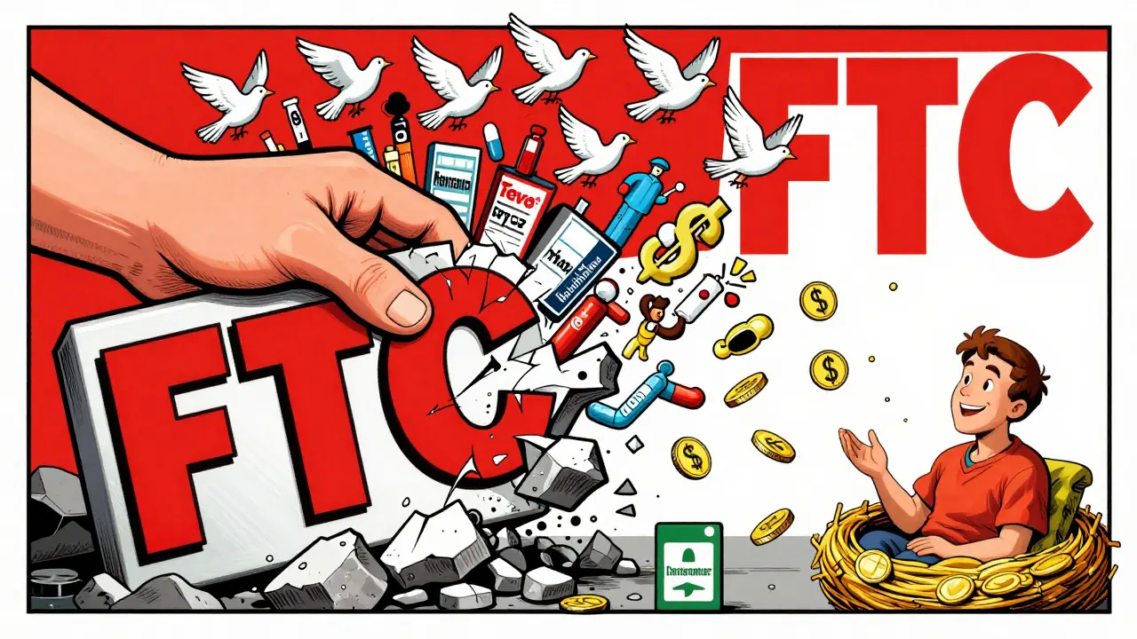 A giant hand crushing corporate monopoly as small generic manufacturers rise and prices fall.