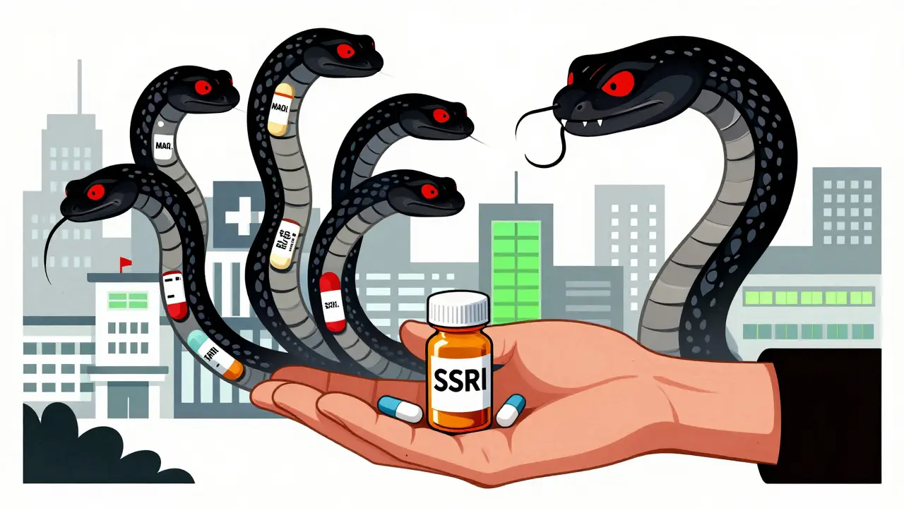 A hand holding an SSRI pill bottle whose shadow becomes a multi-headed serpent of dangerous drug interactions.