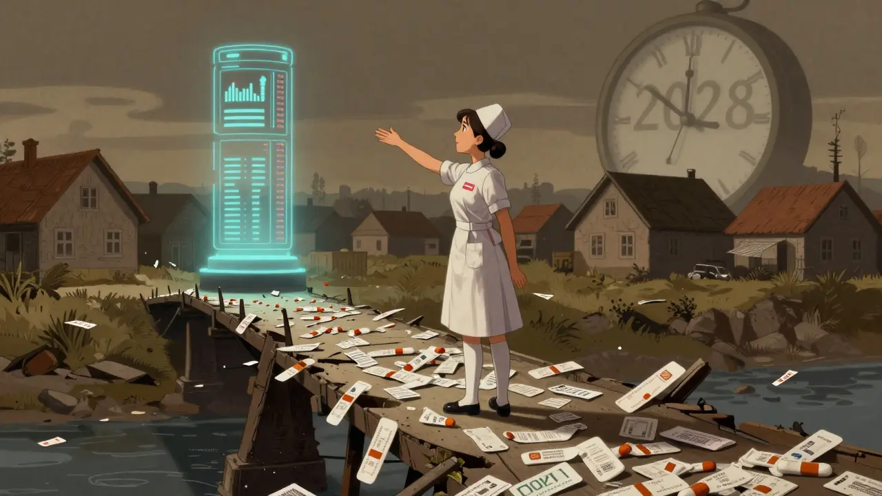 A nurse on a crumbling bridge of prescriptions reaches for a distant digital health hub under a 2028 clock.
