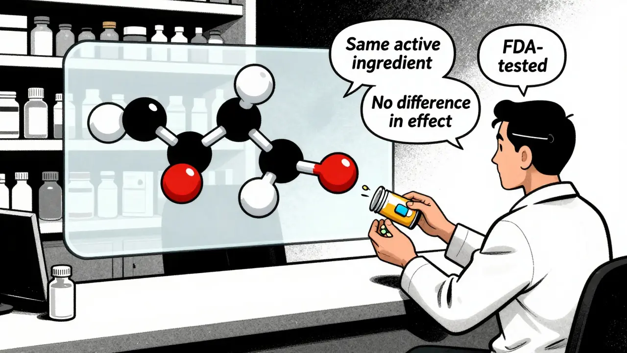 A patient freezes at the pharmacy counter, about to throw away pills, while a transparent molecule overlay shows they are identical.