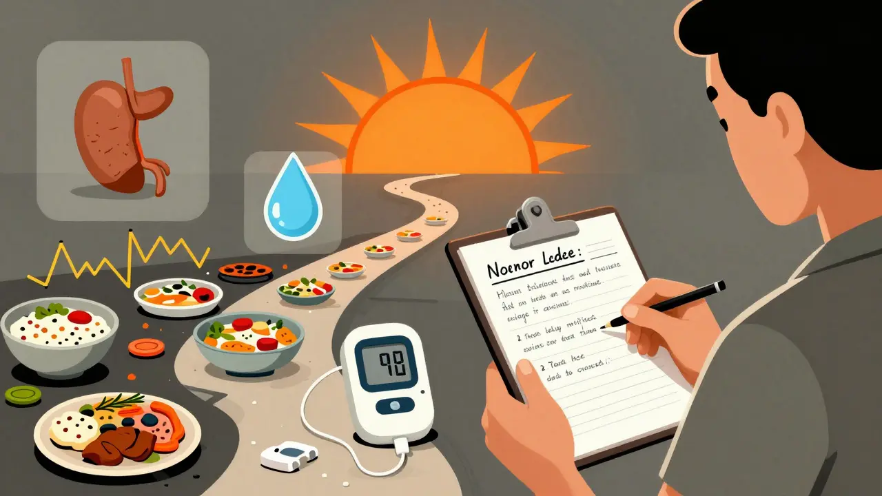 A patient tracking symptoms with icons of bezoars, dehydration, and a gastric stimulator device.