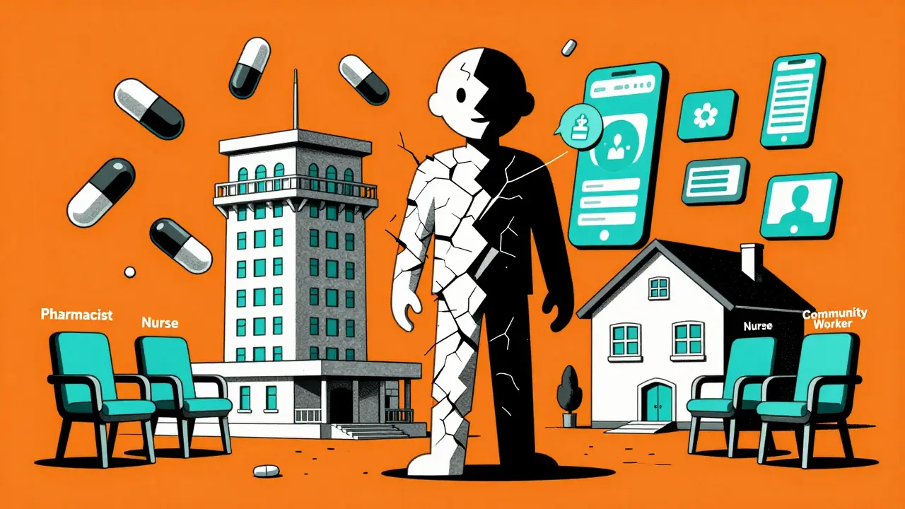 A person divided between hospital care and digital health services, with empty roles floating around them.