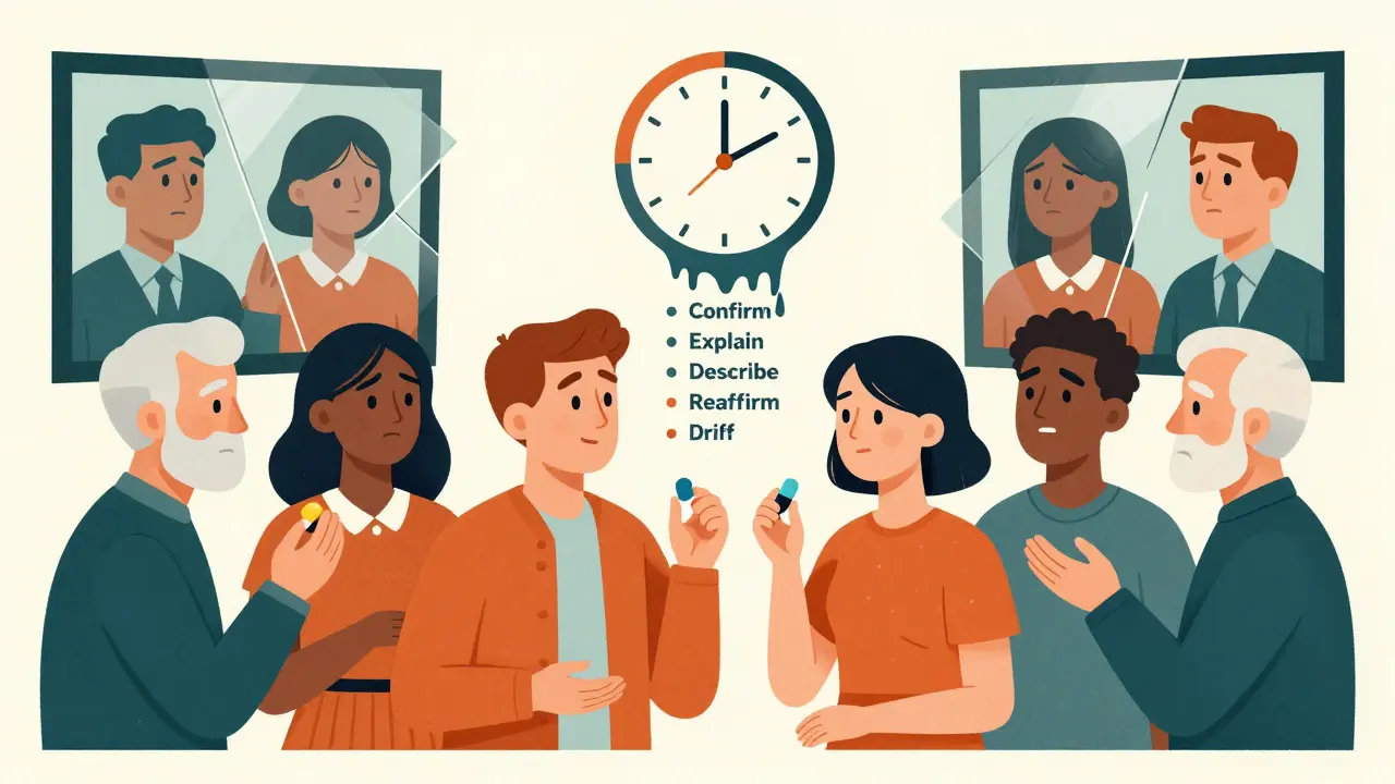A pharmacist speaks to diverse patients holding different colored pills, with a melting clock forming a five-step counseling checklist above.