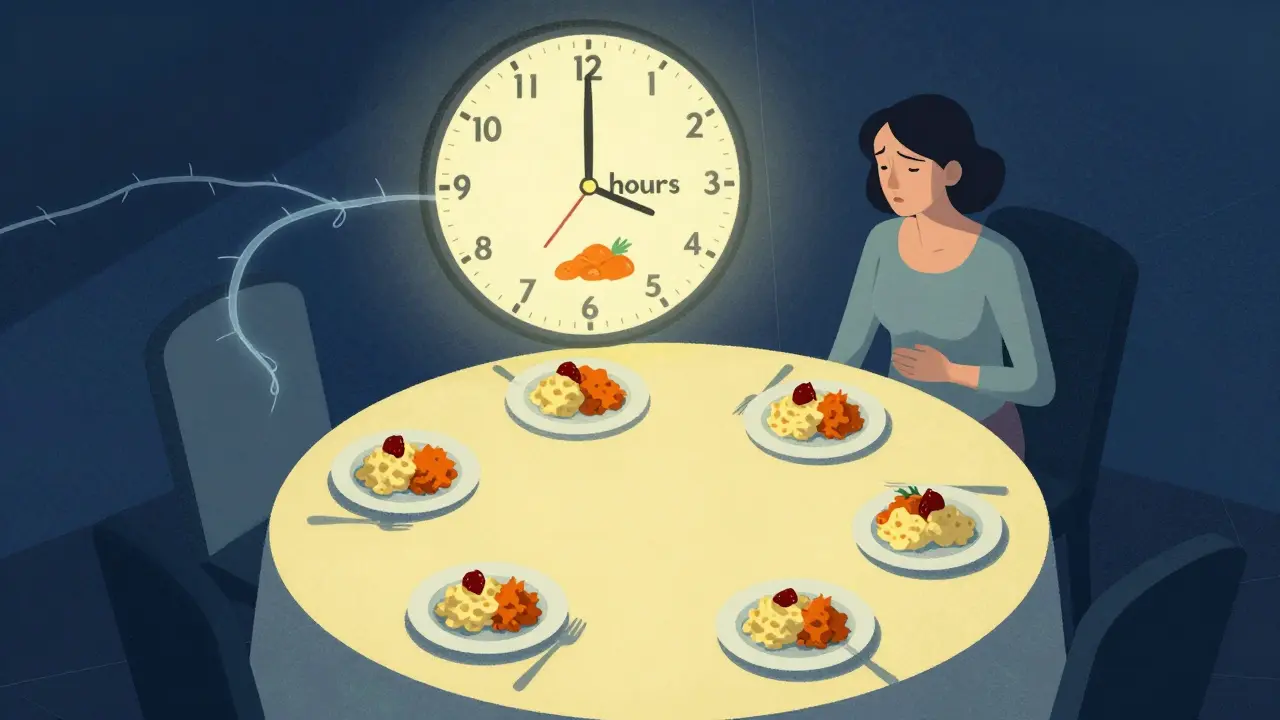 A woman eating six small meals of blended food while a clock shows delayed gastric emptying.