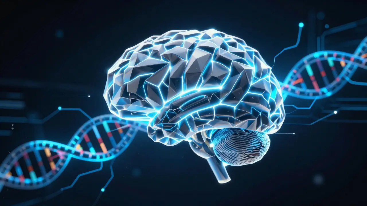 AI processing DNA strands with geometric patterns and electric blue circuits.