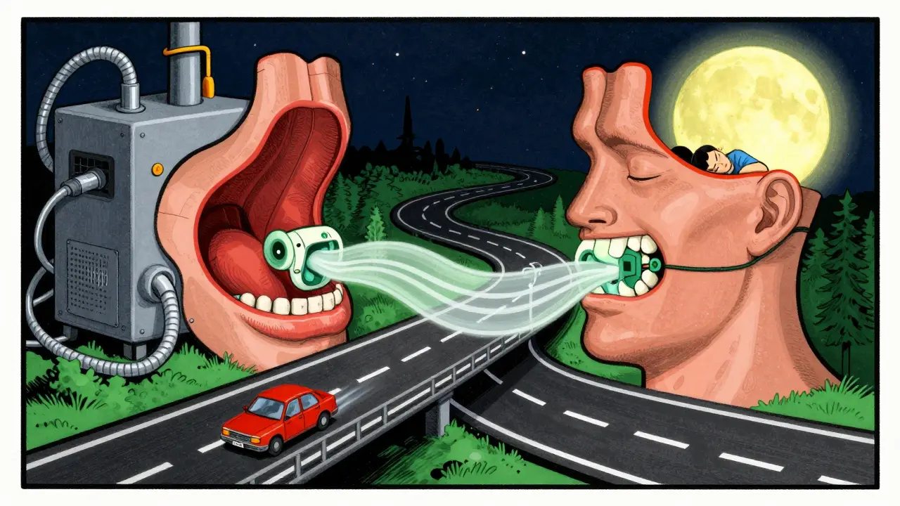Anatomical throat as a highway with a car flowing smoothly, aided by a jaw appliance, while CPAP looms in background.