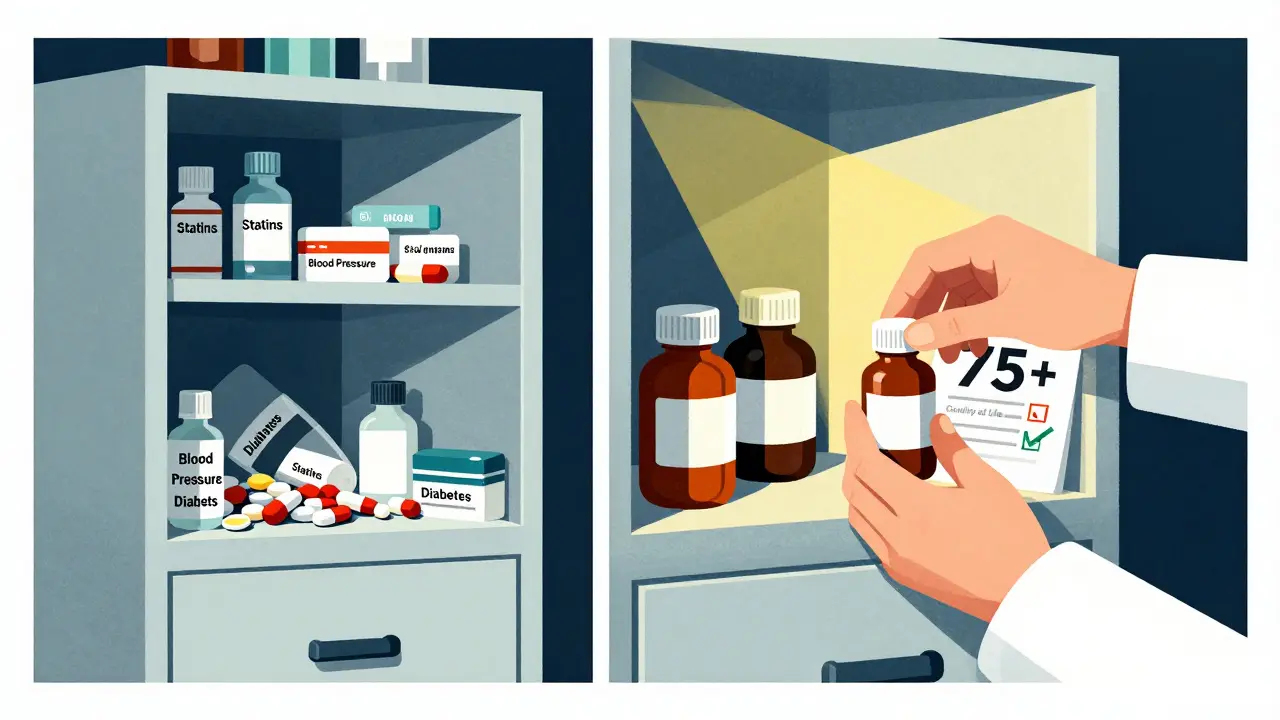 Split scene: cluttered medicine cabinet vs. simplified one, doctor removing statin bottle, sunlight streaming in.