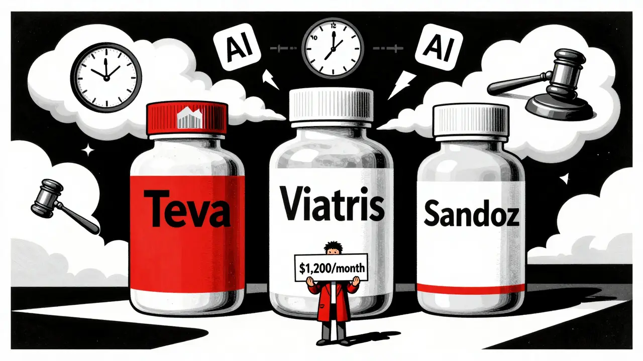 Three giant generic drug companies loom over a patient with a ,200/month price tag.