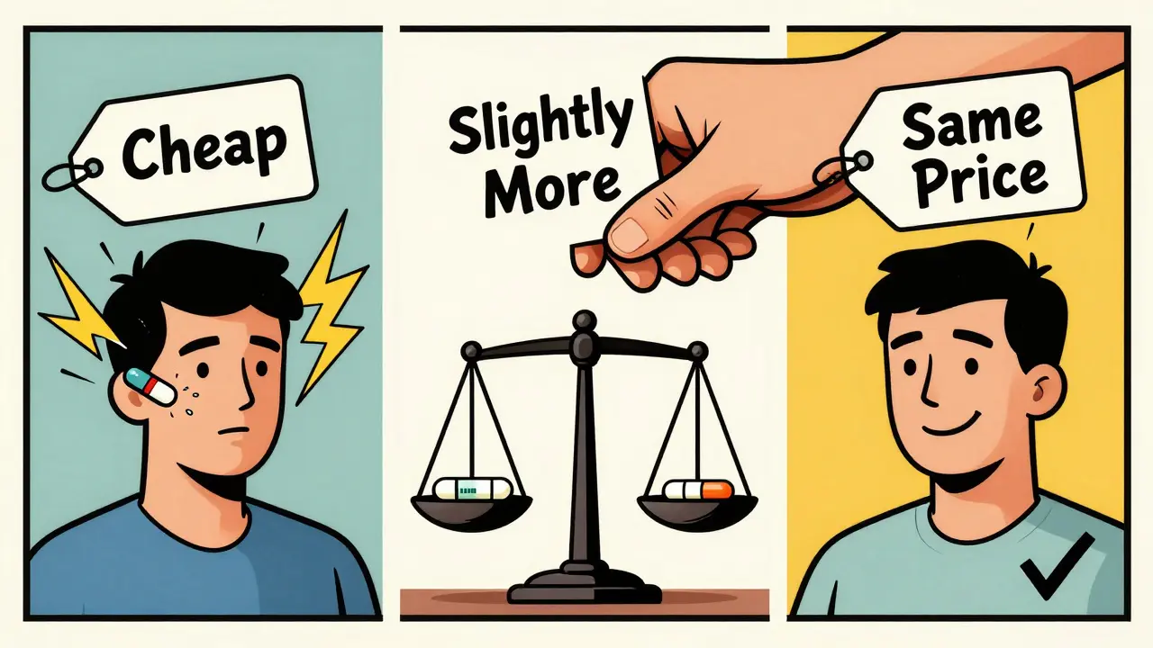 Three patients illustrating effects of different generics: seizures, balance, and simplicity, with price tags in bold poster style.