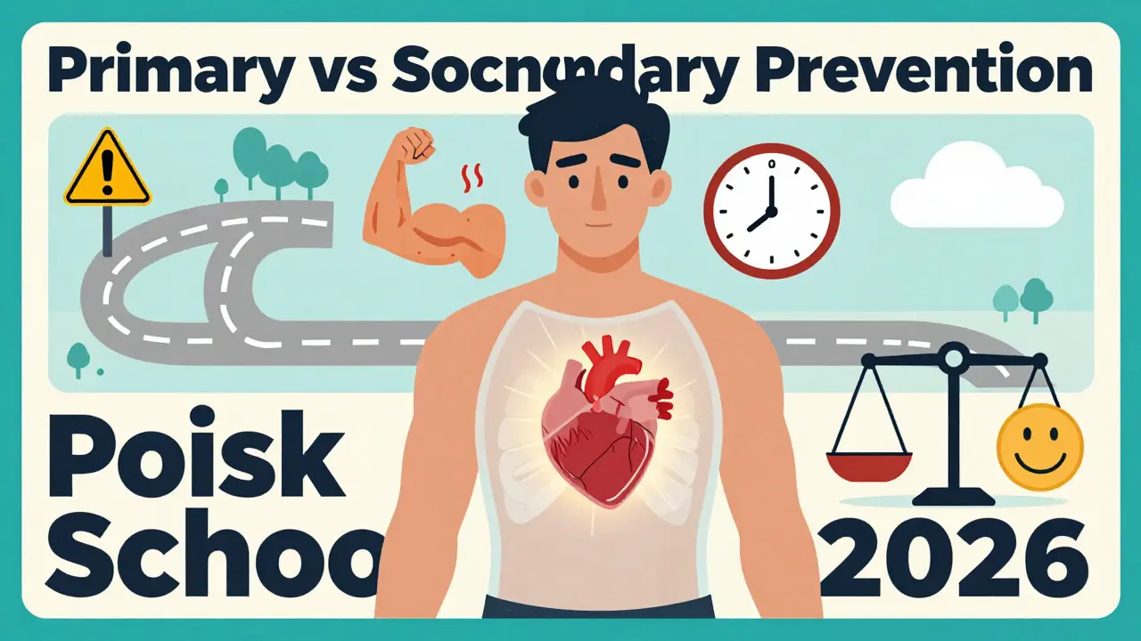 Transparent human body with glowing heart, fading muscle pain icon, clock showing 2 years left, cholesterol scale balancing with smiley.