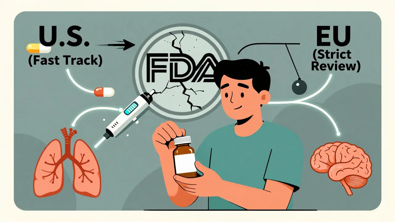 A patient surrounded by health icons connected to complex drug devices, with U.S. and EU regulatory paths depicted symbolically.