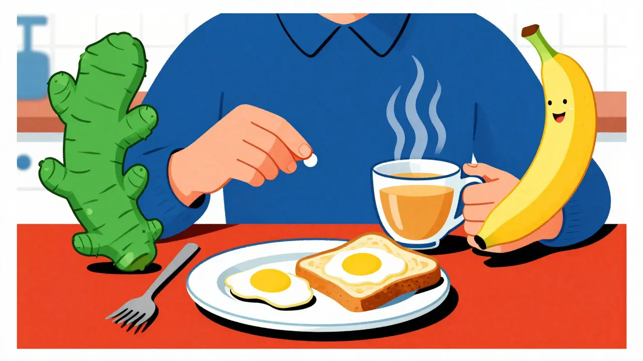 A person taking sertraline with food and ginger tea, surrounded by symbolic food allies, in Polish poster illustration style.