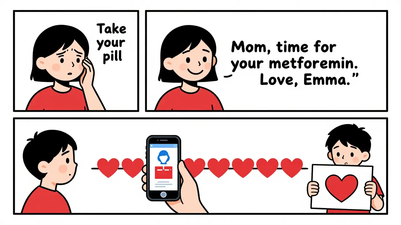 A three-panel visual journey showing generic vs personalized reminders leading to emotional health connections, in Polish poster style.