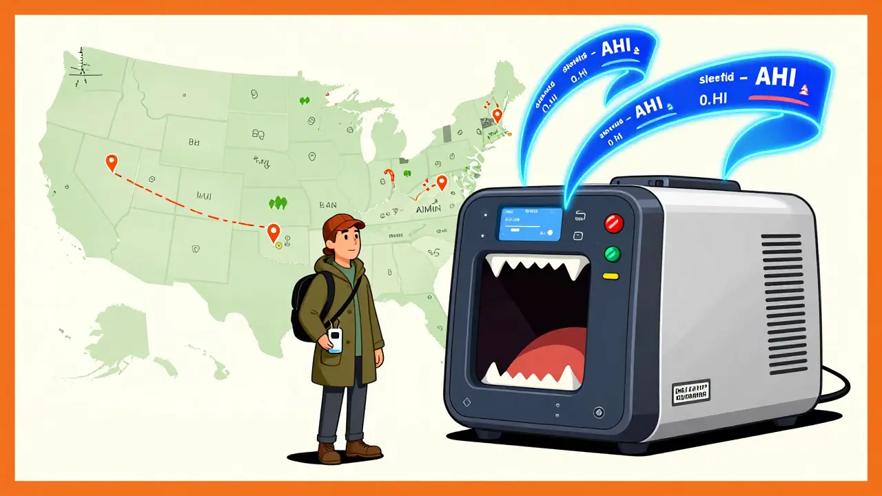 A traveler with a compact CPAP device beside a large machine, with data ribbons and a U.S. map in the background.