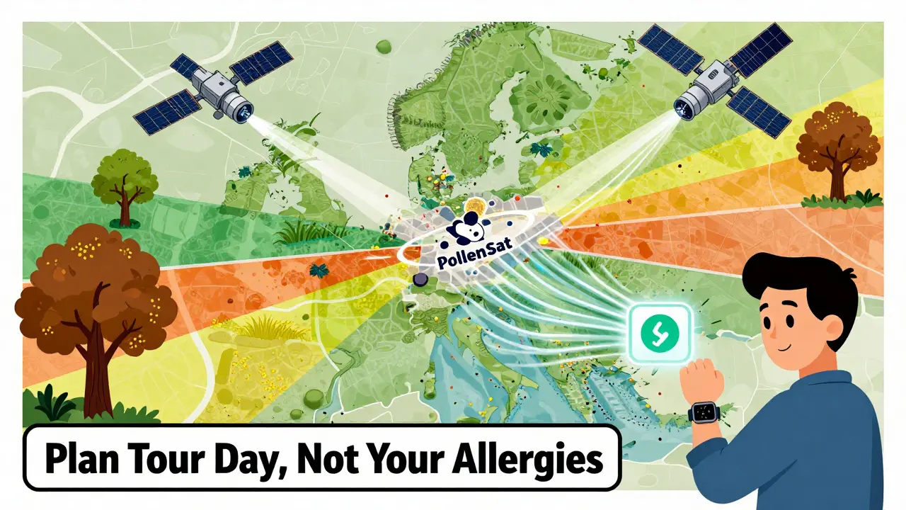 Abstract city map showing pollen types as colored zones, a satellite above emitting data beams, and a person checking pollen app on their watch.