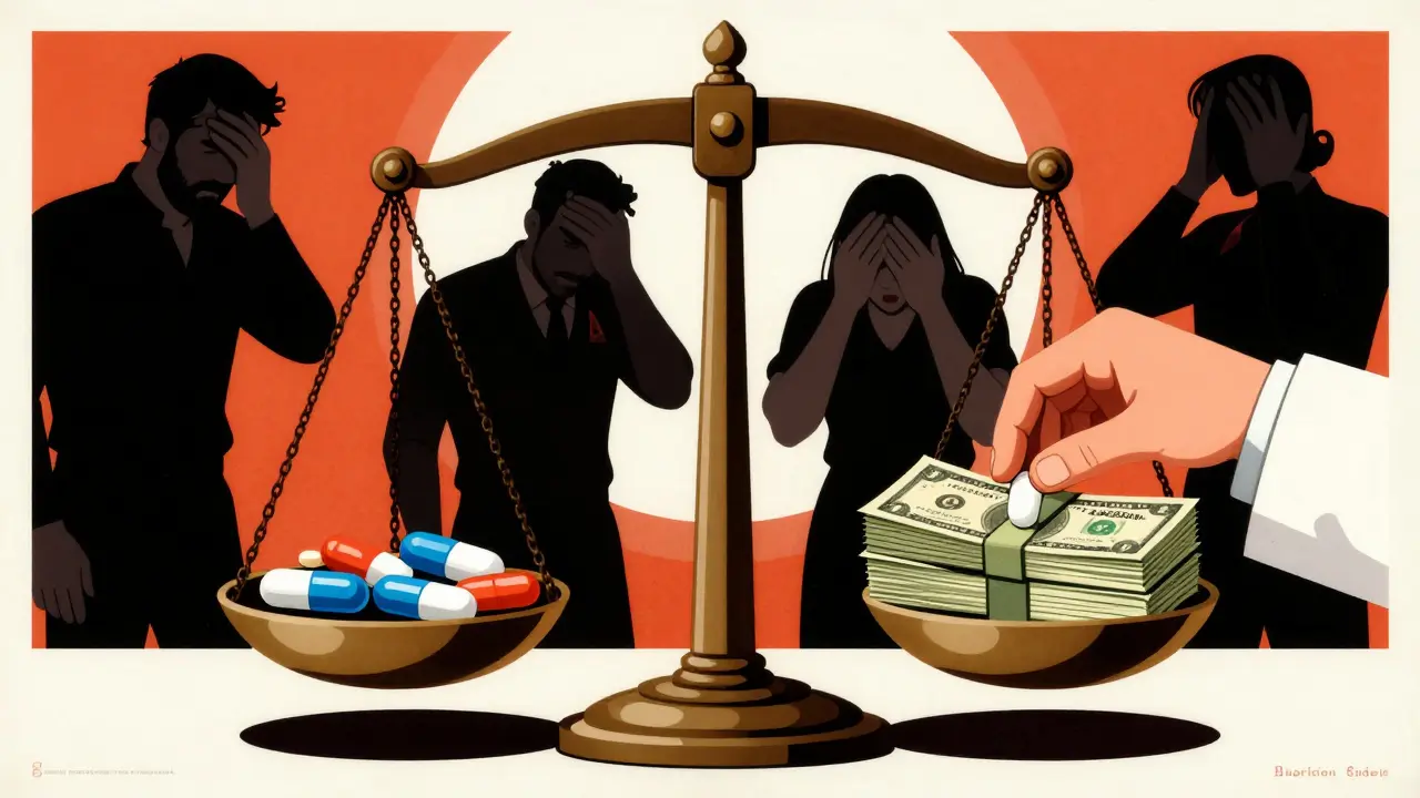 Balance scale weighing generic drugs against dollar bills, patients suffering from adverse effects in background.