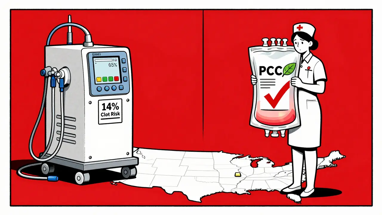 Comparison of expensive andexanet alfa versus affordable PCC and vitamin K, shown in stylized split-panel poster art.