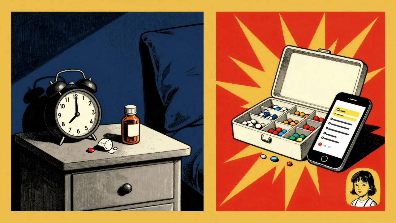 Contrasting scenes of forgotten meds at night versus organized morning routine with a loving text message, rendered in stylized poster art.