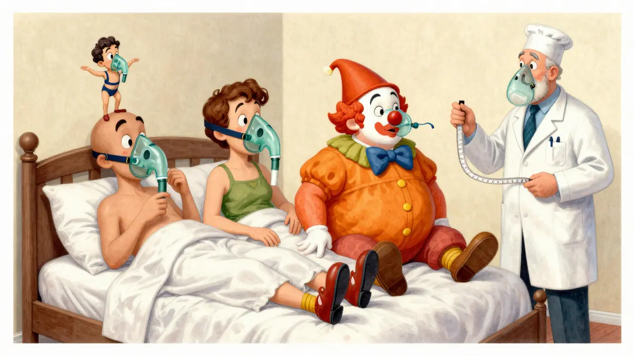 Four exaggerated CPAP mask characters arguing on a bed, with a doctor measuring facial features to show proper fit.