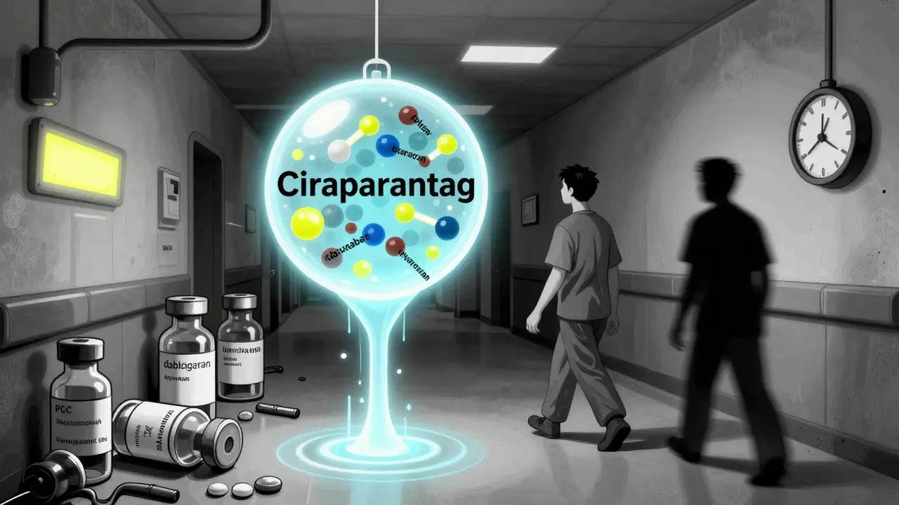 Futuristic ciraparantag orb neutralizing all anticoagulants, with outdated reversal agents discarded behind.